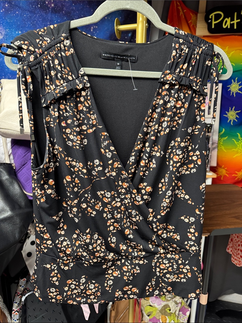 White House Black Market Black Floral Wrap Sleeveless Top